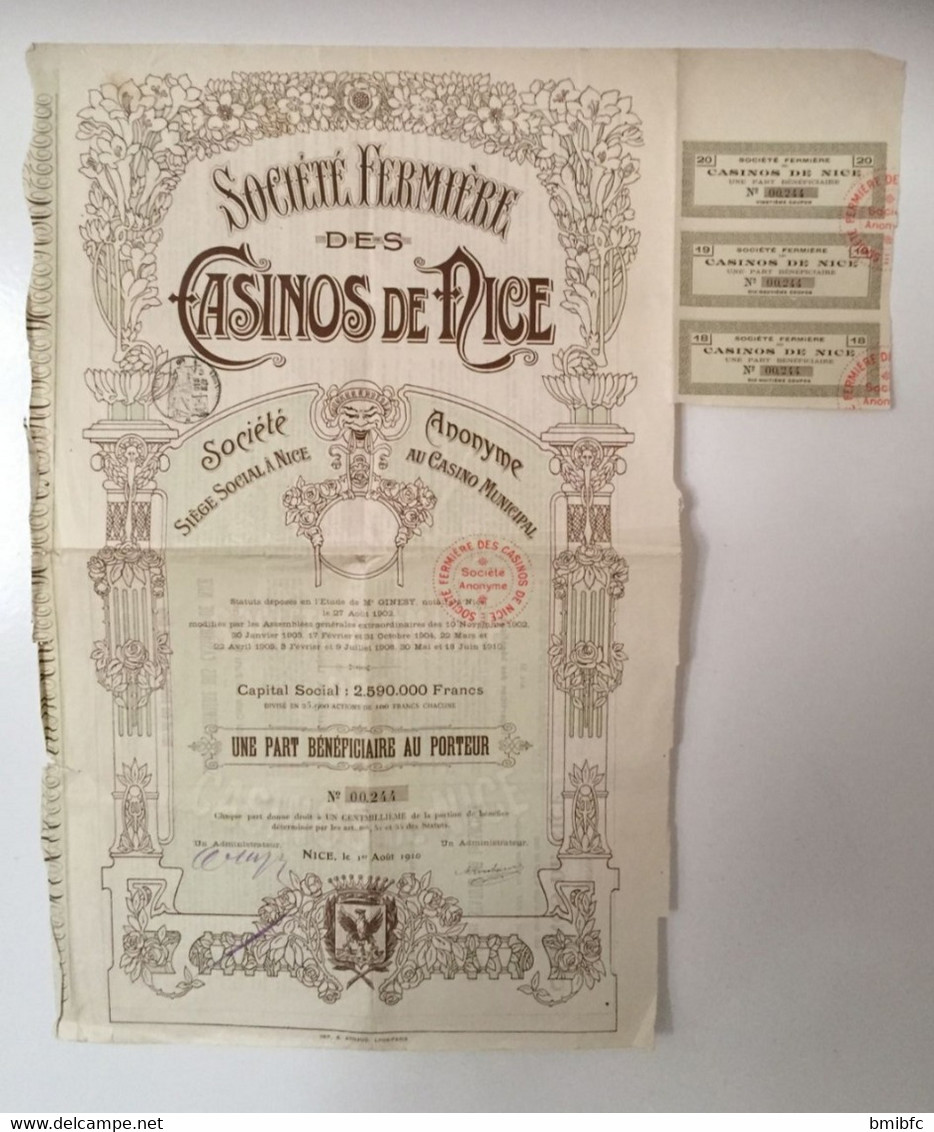 NICE Le 1er Août 1910  Société Fermière Des Casinos De Nice - Société Anonyme Siège Social Au Casino Municipal - Casino'