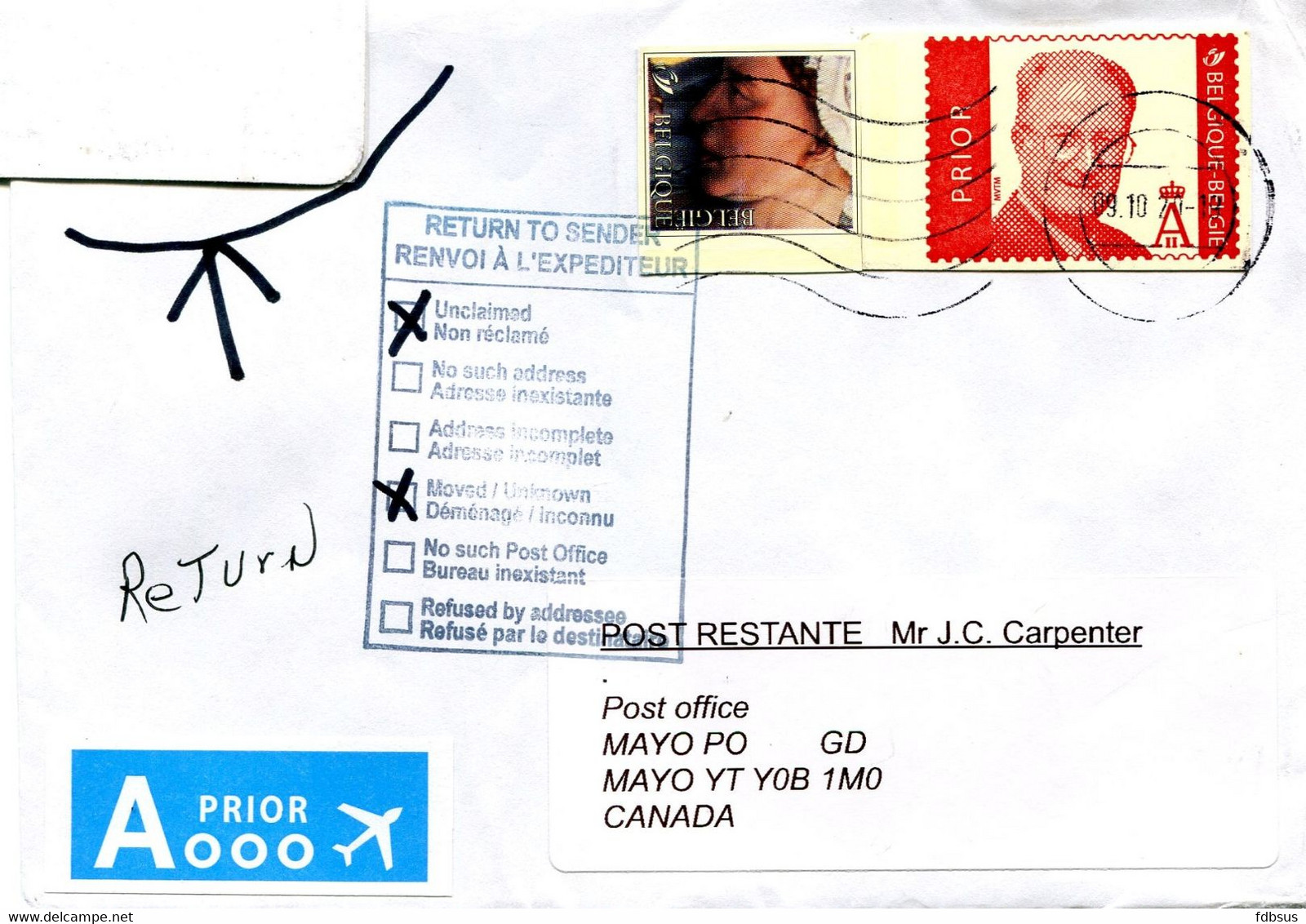 Enveloppe Van Belgie Naar Mayo PO Canada  - Retour - Unclaimed - Cartas & Documentos