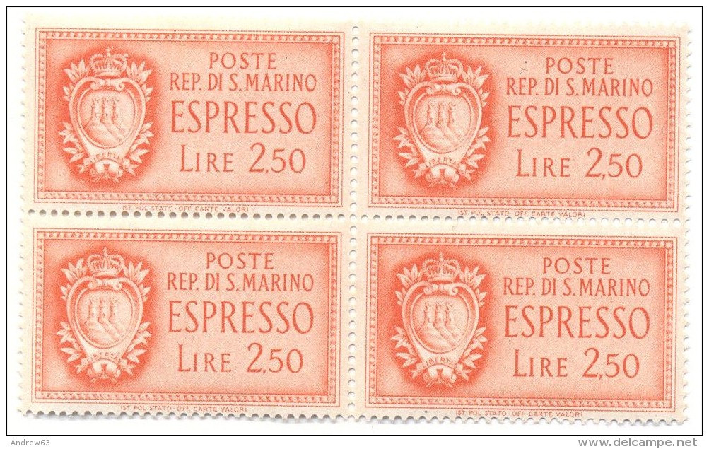 SAN MARINO - 1943 - Espresso 2,50 - Stemma - Quartina - Block Of 4 - NUOVO - Exprespost