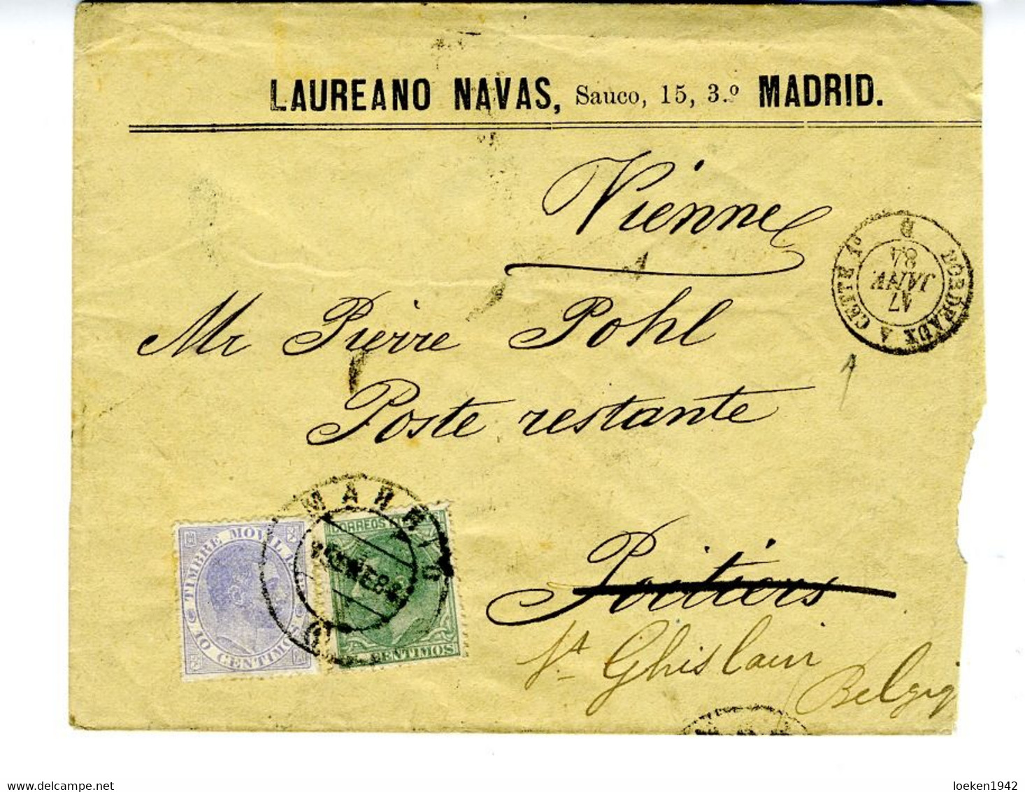 ESPAÑA 1884 RARA FRANQUEO MIXTO CON TIMBRE MOVIL 10c Y 5c De MADRID  Hasta POITIERS  (F)  EL720 - Lettres & Documents