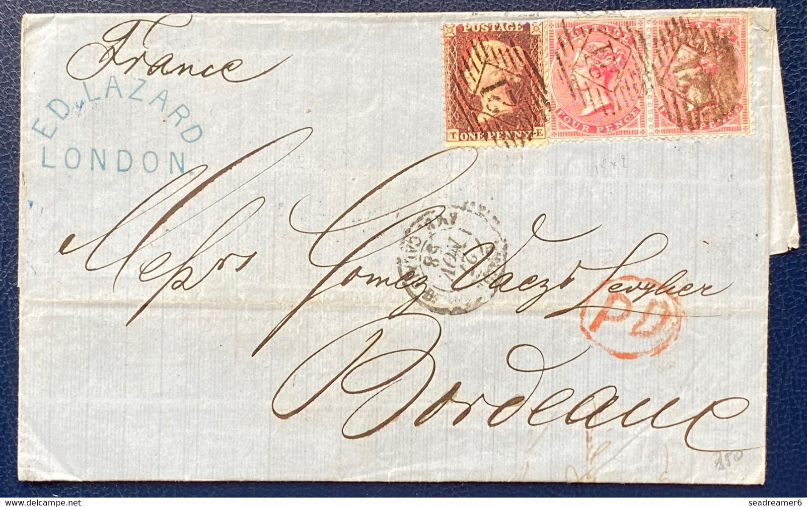 Angleterre Lettre De 1858 N°10 1penny Brun Rouge & N°17 (moyenne Jarretière) En Paire Obl GC 21 Pour Bordeaux RR - Briefe U. Dokumente