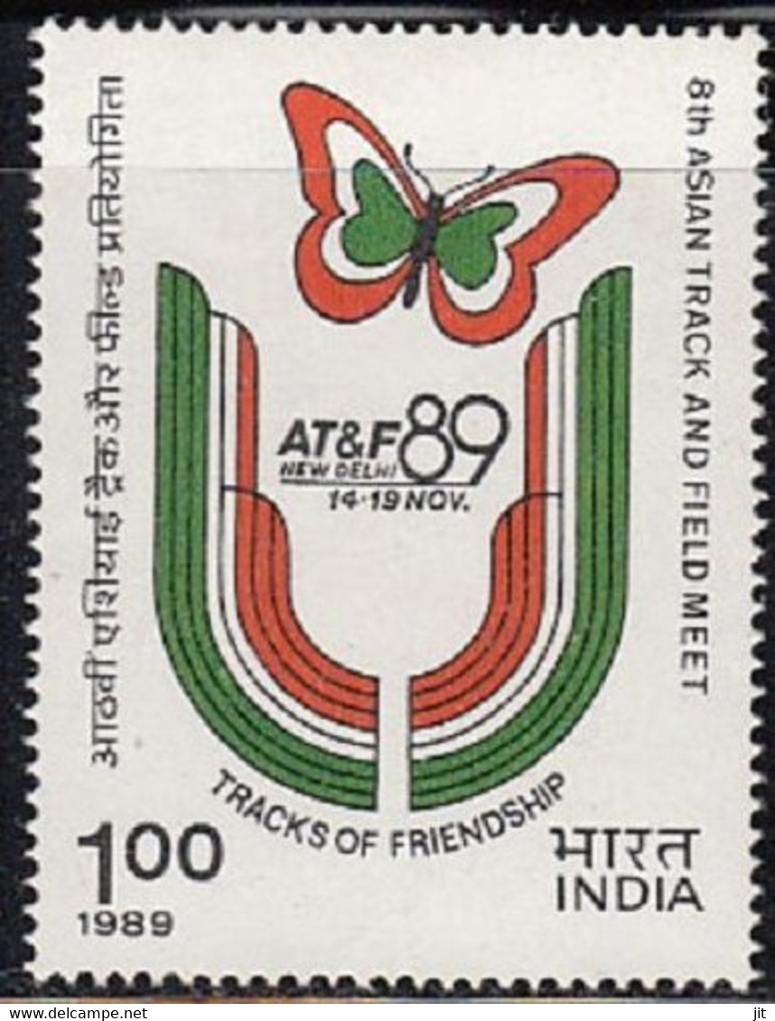 INDIA 1989 STAMP 8TH. TRACK AND FIELD EVENT , SPORTS, BUTTERFLY  . MNH - Nuevos