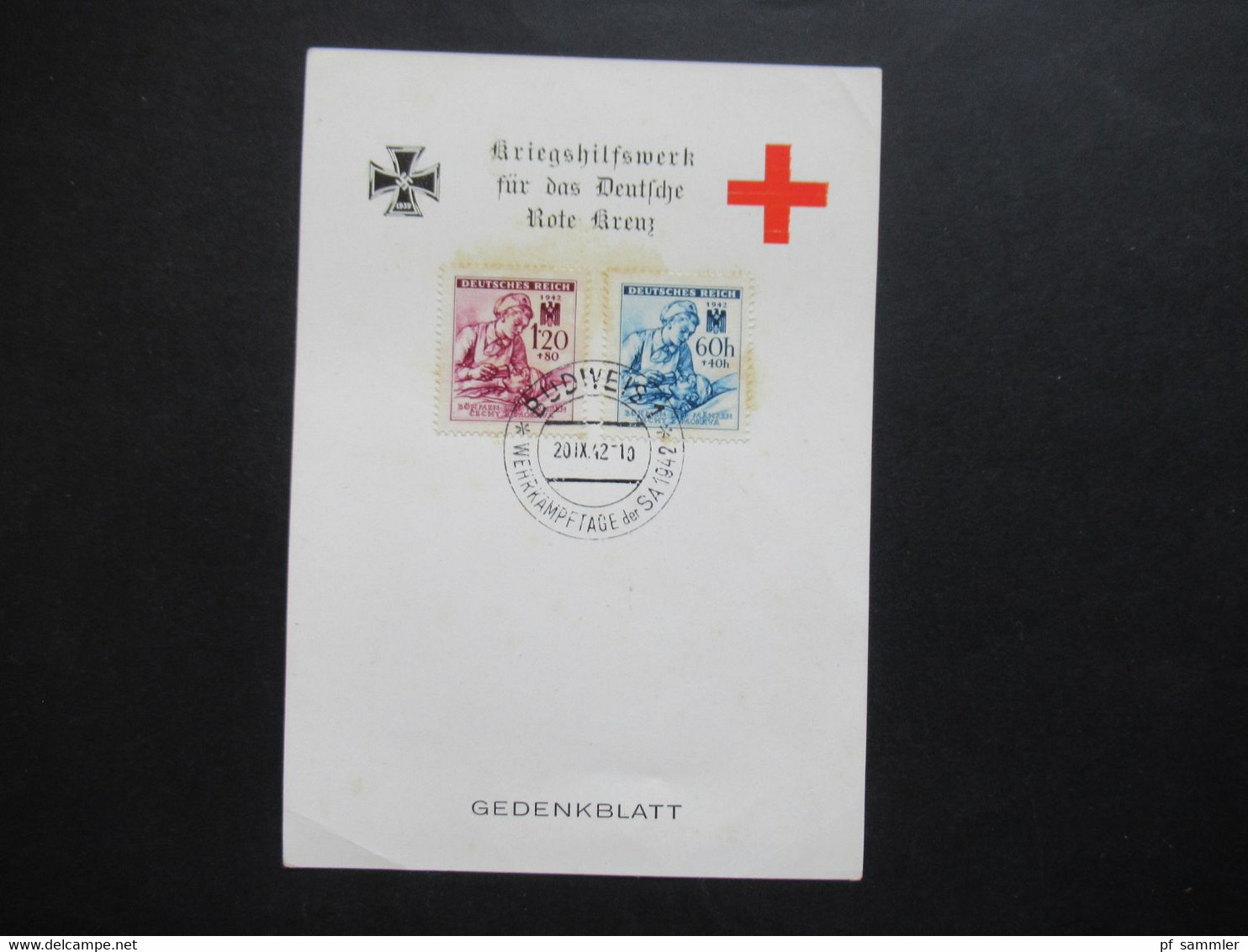 BuM Gedenkblatt Kriegshilfswerk Für Das Rote Kreuz, Mit Sonderstempel Budweis 1 Wehrkampftage Der SA 1942 - Covers & Documents
