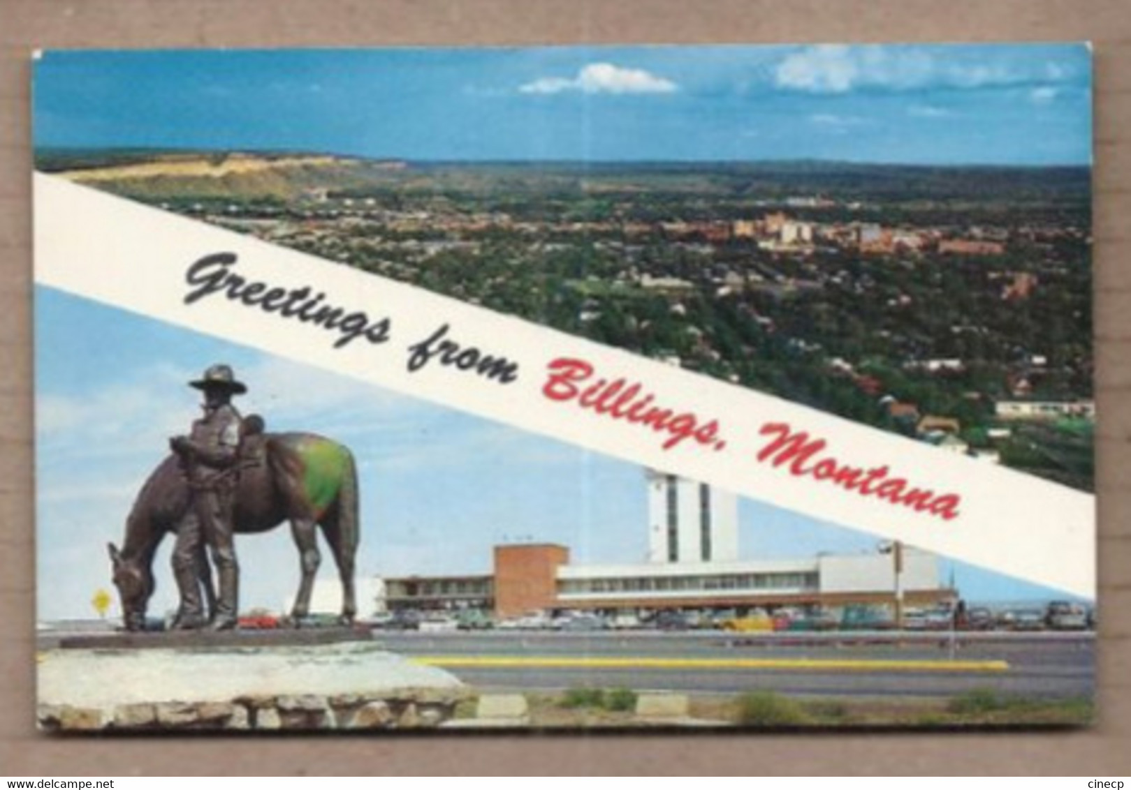 CPSM USA - MONTANA - BILLINGS - Greetings From - TB CP 2 Vues Dont Vue Générale Ville + Statue Devant Aéroport - Billings