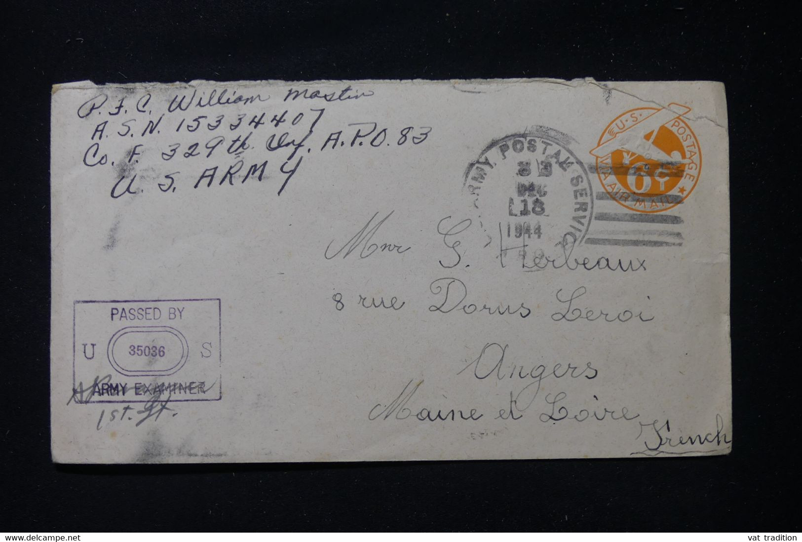 ETATS UNIS - Entier Postal D'un Soldat En 1944 Pour La France Avec Cachet De Contrôle Postal - L 90536 - 1941-60