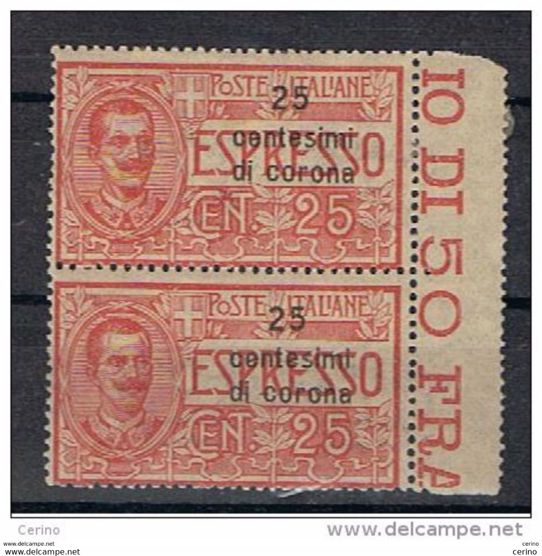 DALMAZIA:  1921  EX.  SOPRASTAMPATO  -  25 C./25 C. ROSSO  COPPIA  N. -  SASS. 1 - Dalmatie