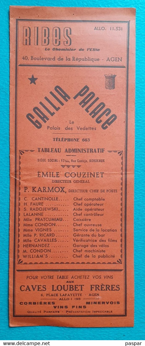 Programme Cinéma Gallia Palace Agen - Années 1940 - Stanley Et Livingstone - Spencer Tracy - Nombreuses Publicités - Programmi