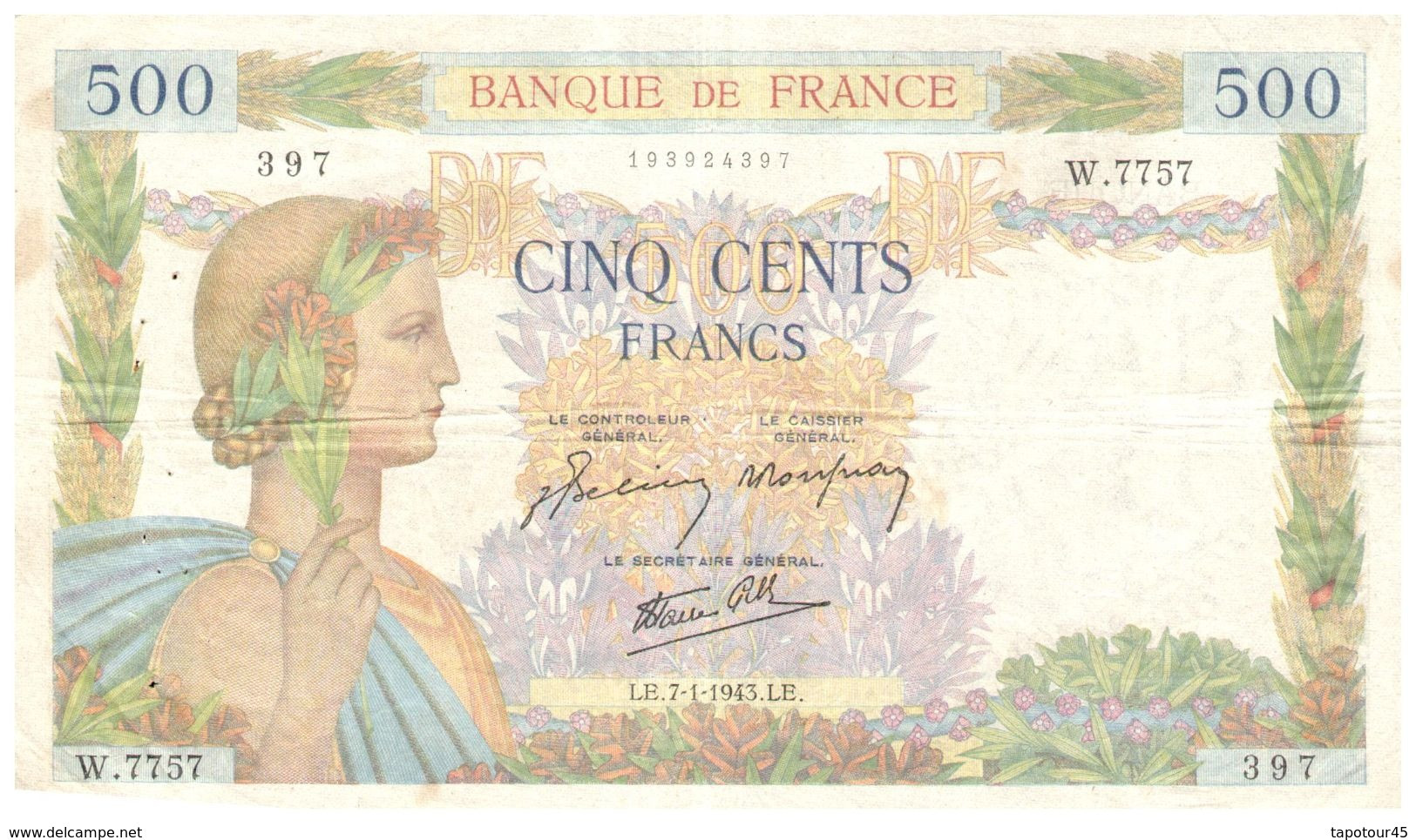 Billet  >  France > 500  Francs 1943 Une Petite Coupure En Bas Petit Trous D épingles - 500 F 1940-1944 ''La Paix''