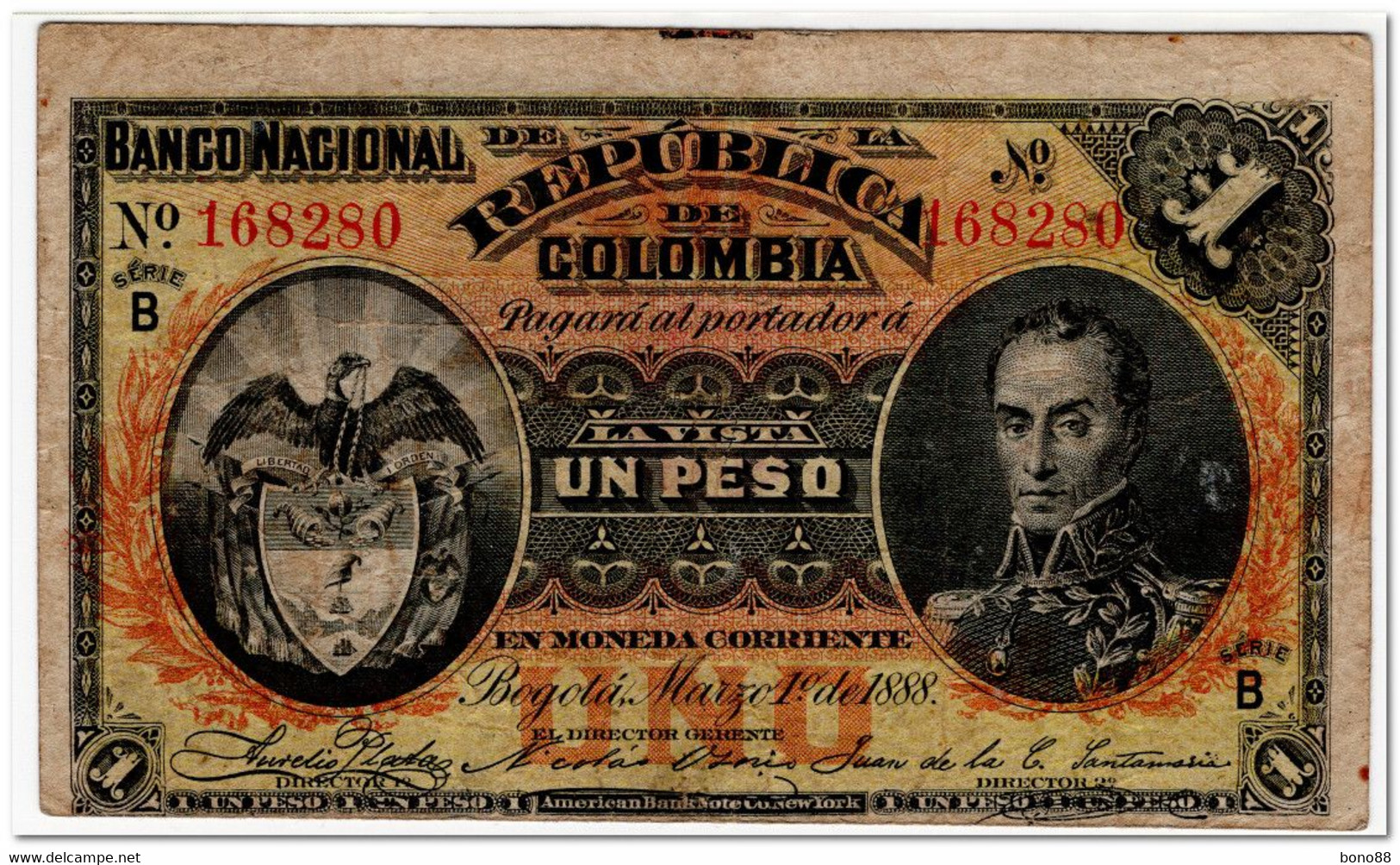 COLOMBIA,1 PESO,1888,P.214,SMALL TEAR,FINE - Canada