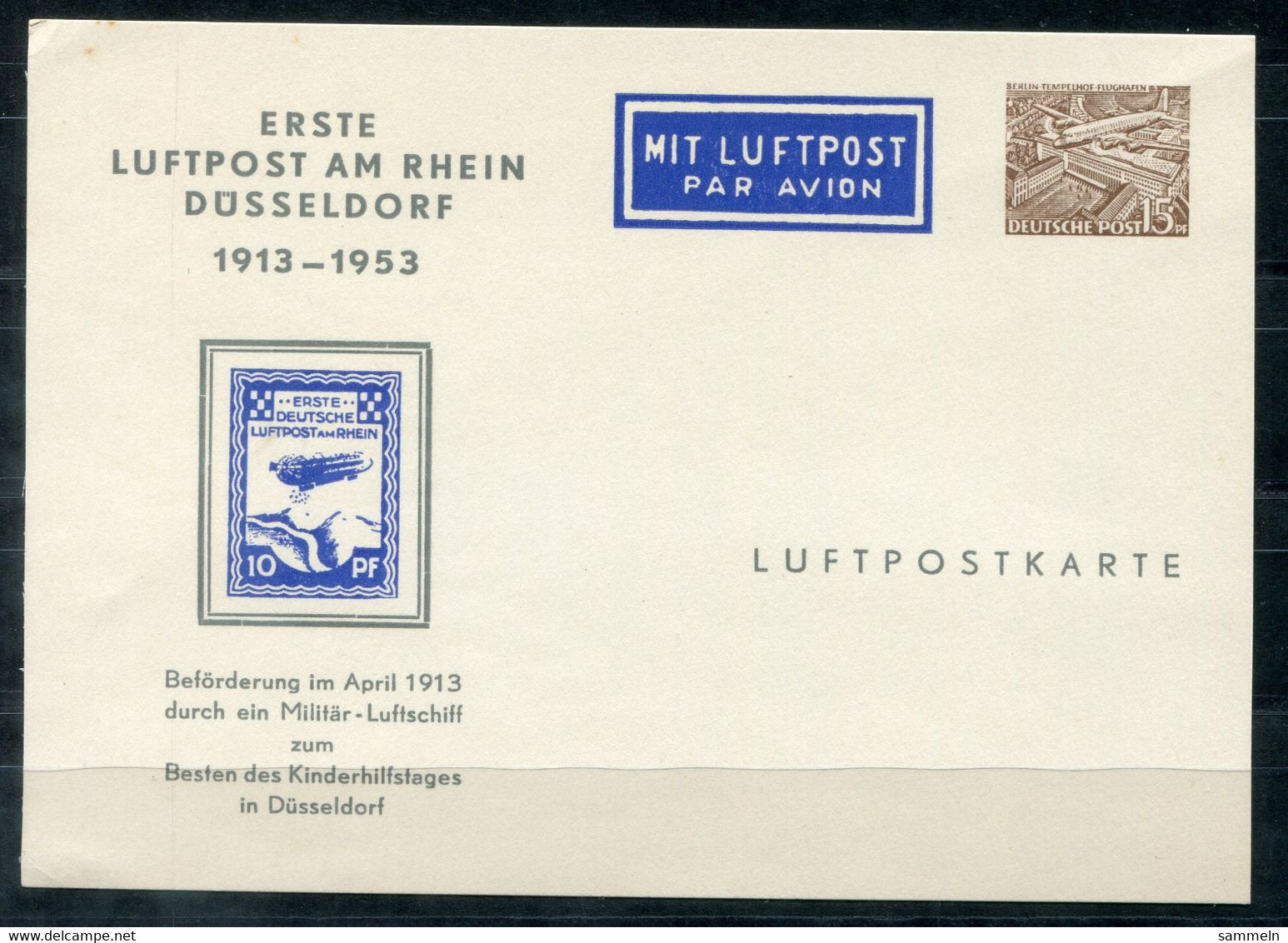 F0985 - BERLIN - Privatganzsache Aus 1953 "Erste Luftpost Am Rhein" - Cartes Postales Privées - Neuves