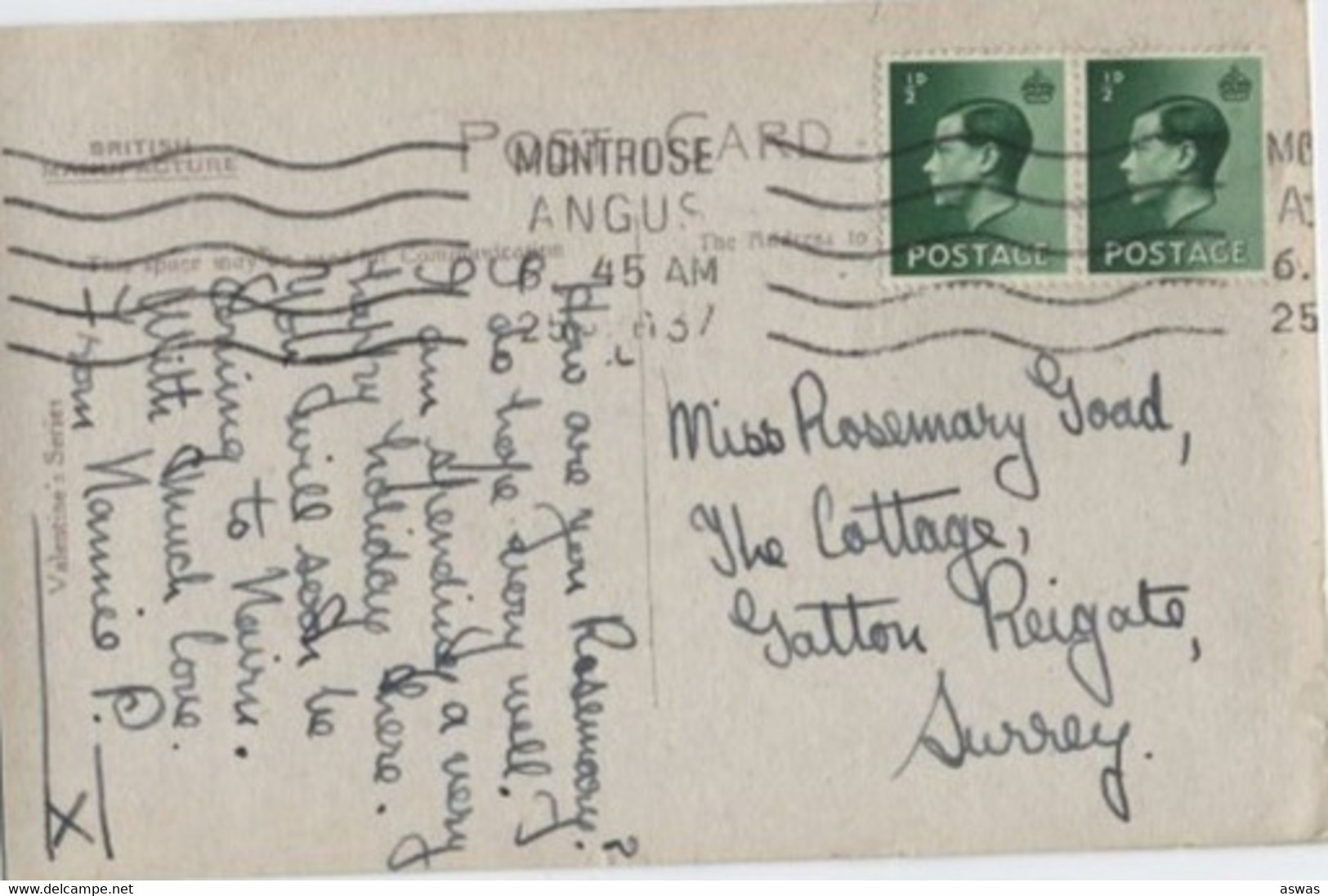 SCOTTISH TARTAN BORDERED CARD: MONTROSE Fr SW, Nr DUNDEE, ANGUS, SCOTLAND Pu1937 - Angus