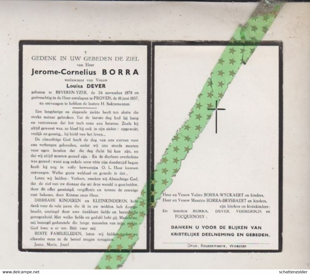 Jerome Cornelius Borra-Dever, Beveren-Yzer 1878, Proven 1957 - Esquela