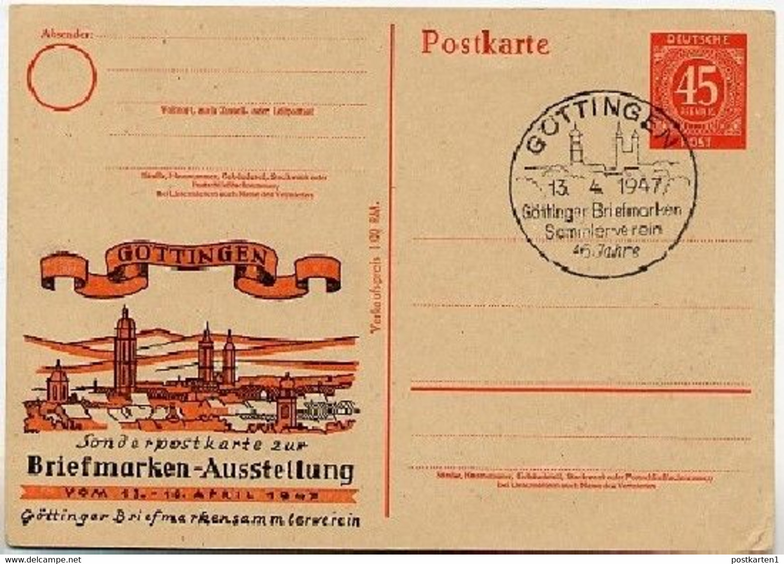 P955 ZC Postkarte Zudruck AUSSTELLUNG GÖTTINGEN  Sost. 1947  Kat. 10,00 € - Ganzsachen