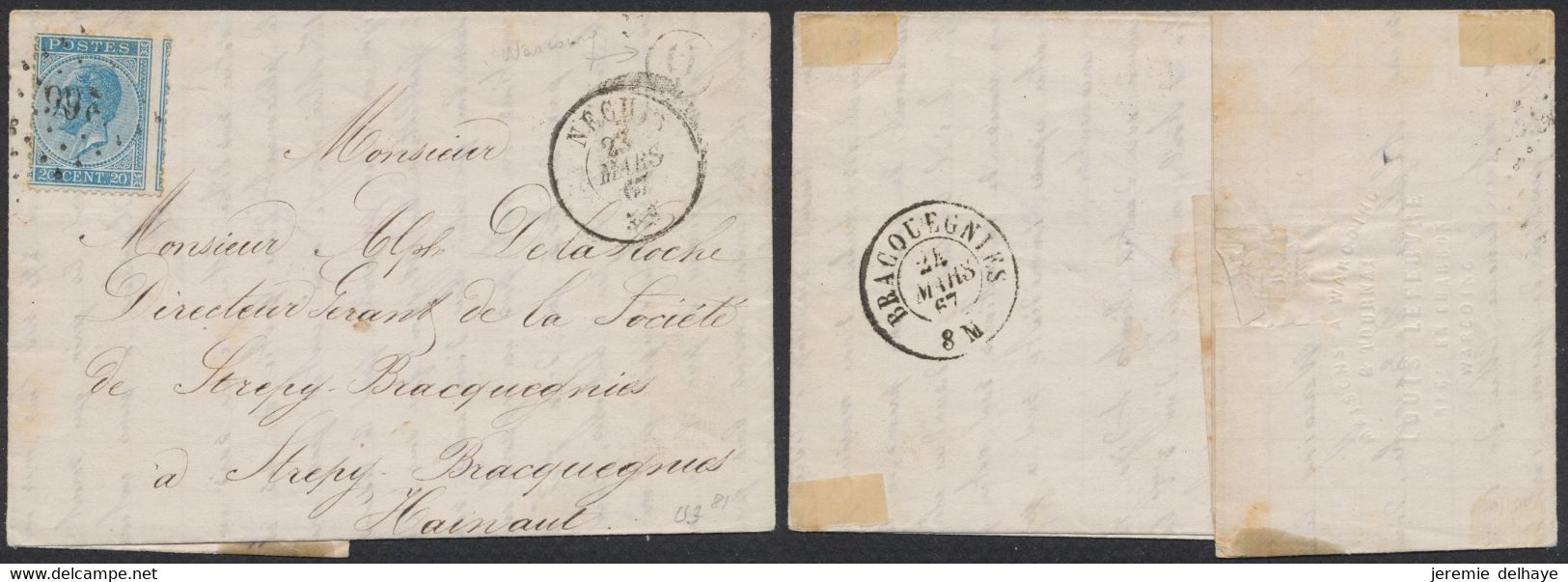 émission 1865 - N°18 + Variété (décentrage) Sur LAC Obl Pt 266 çàd Néchin + Boite Rurale "Q" (Warcoing) > Strepy-Bracque - 1865-1866 Linksprofil