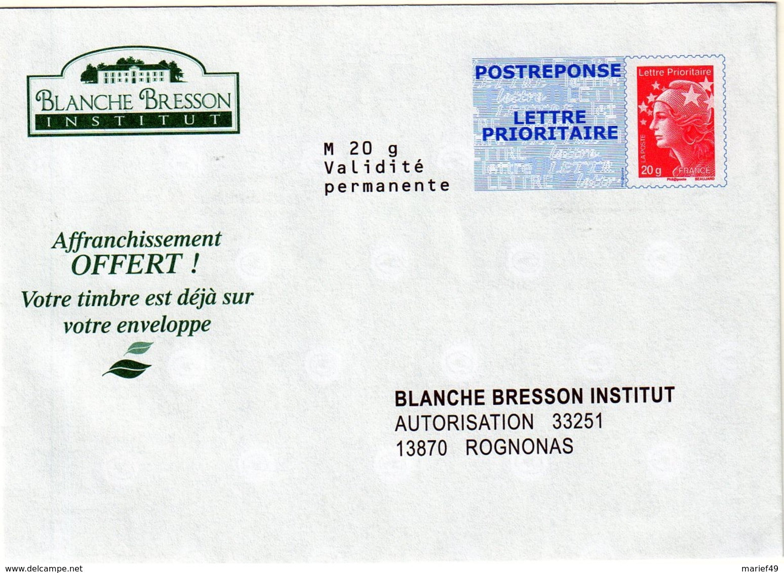 PAP FRANCE POSTRÉPONSE BLANCHE BRESSON INSTITUT LETTRE PRIORITAIRE BEAUJARD 12P462 - Prêts-à-poster: Réponse /Beaujard