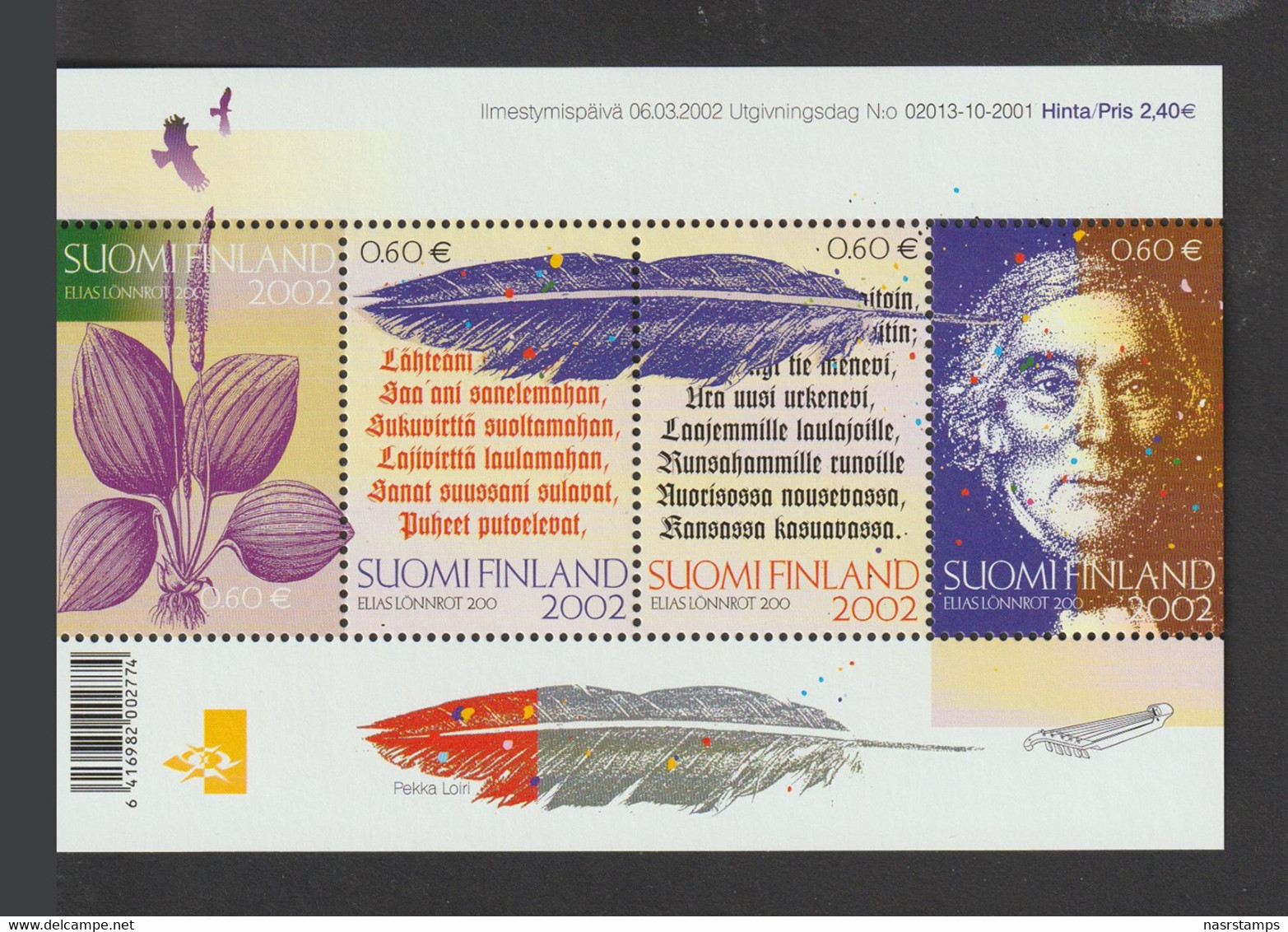 FINLAND - 2002 - ( Elias Lo ̈nnrot (1802-84), Botanist, Linguist ) - MNH** - Unused Stamps