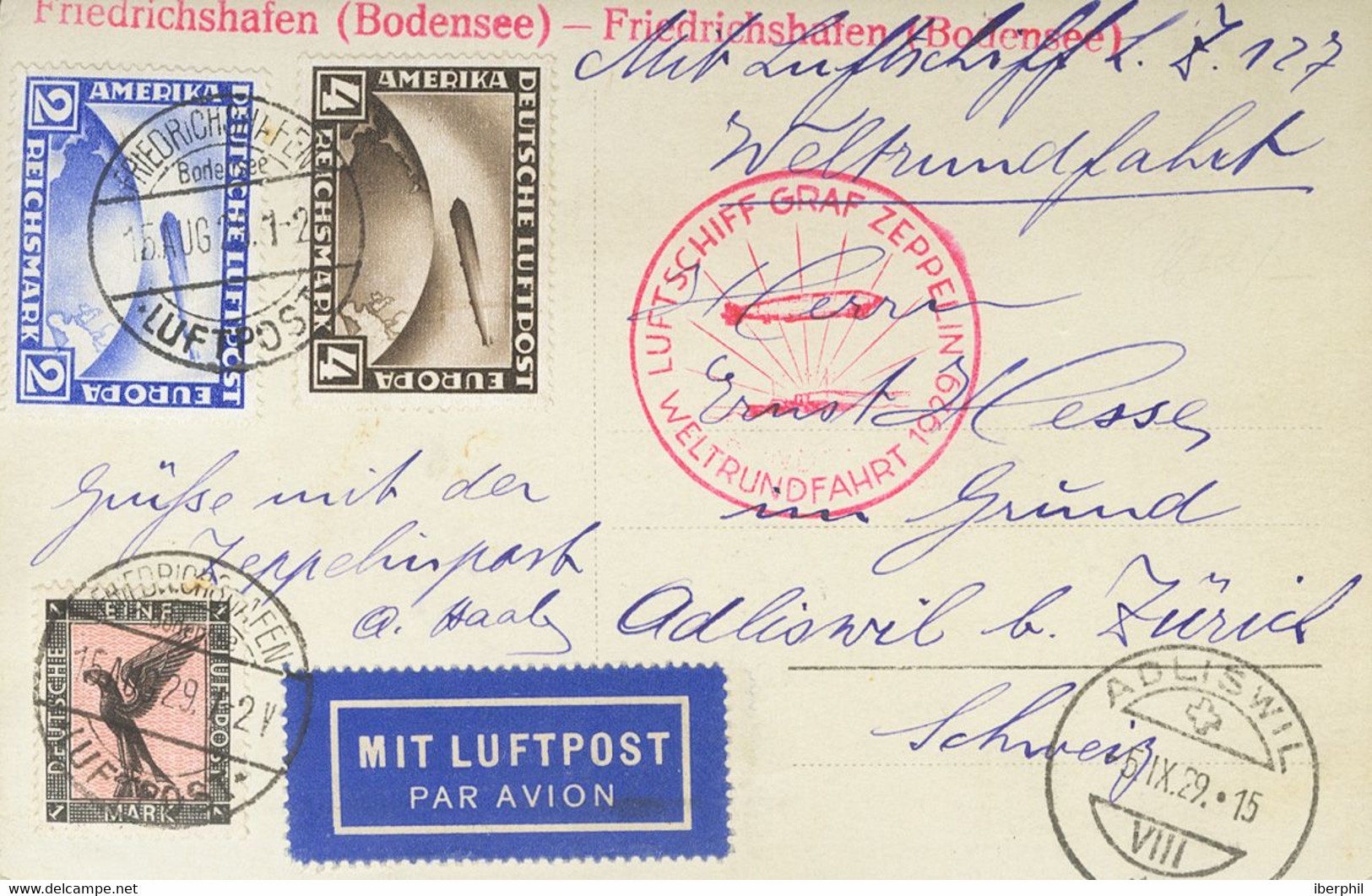 Alemania. Sobre Yv 36, 37, 32. 1929. 2 M Ultramar, 4 M Sepia Y 1 M Negro Y Rojo. Tarjeta Postal Del Graf Zeppelin De FRI - Andere & Zonder Classificatie