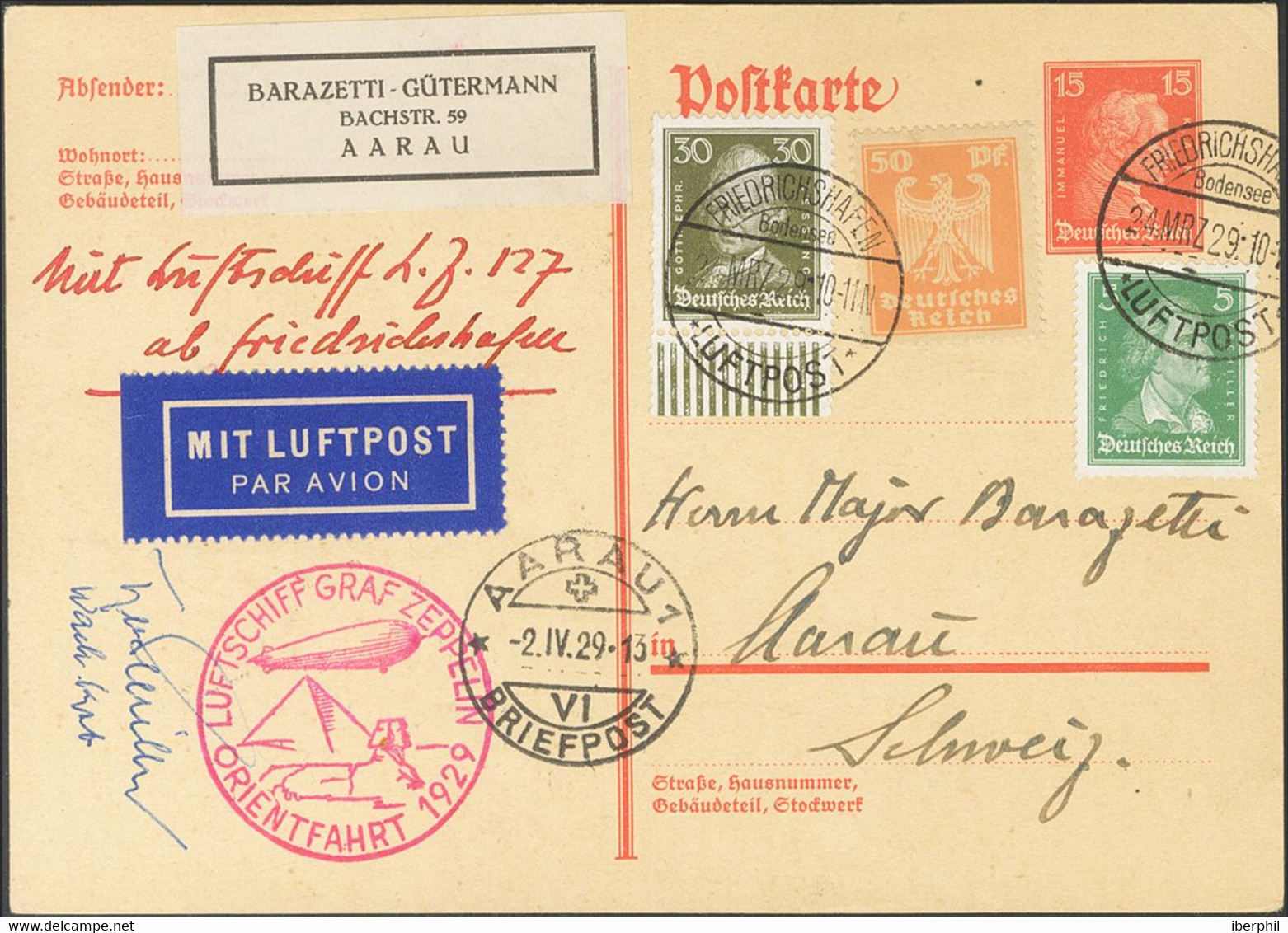 Alemania. Sobre Yv 354, 380a, 386. 1929. 15 P Rojo Sobre Tarjeta Entero Postal Por Graf Zeppelin Dirigida A AARAU (SUIZA - Andere & Zonder Classificatie