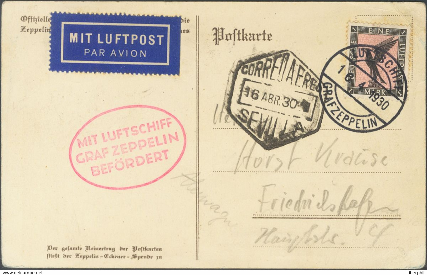 Alemania, Aéreo. Sobre 32. 1930. 1 M Negro Y Rosa. Tarjeta Postal Por Graf Zeppelin Dirigida A FRIEDRICHSHAFEN. Transpor - Andere & Zonder Classificatie