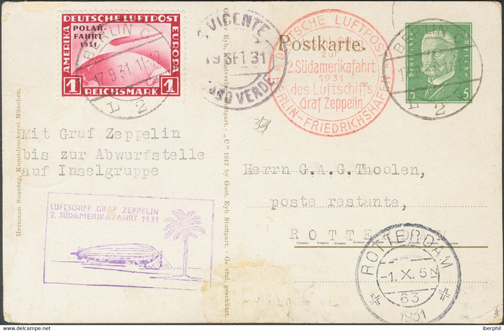 Alemania, Aéreo. Sobre Yv 40(2). 1931. 5 P Verde Amarillo Sobre Tarjeta Entero Postal De BERLIN A ROTTERDAM (PAISES BAJO - Andere & Zonder Classificatie