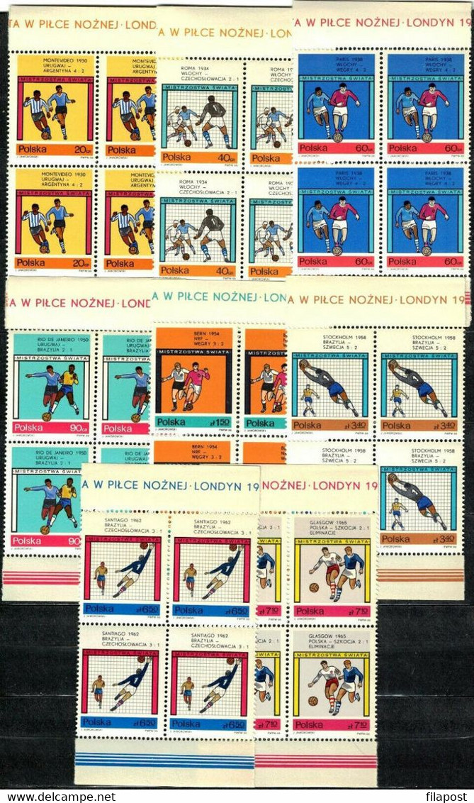 1966 POLAND Mi 1665 - 1672 THE SOCCER WORLD CUP IN ENGLAND BLOCKS OF 4 With Margins MNH** P65 - 1966 – Angleterre