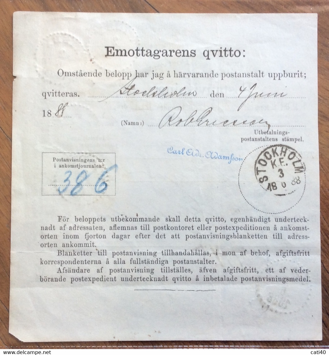 SVERIGE - POSTANVISNING CON 5+20 Ore FROM WISBY 2/6/1888 TO STOCKHOLM - 1885-1911 Oscar II