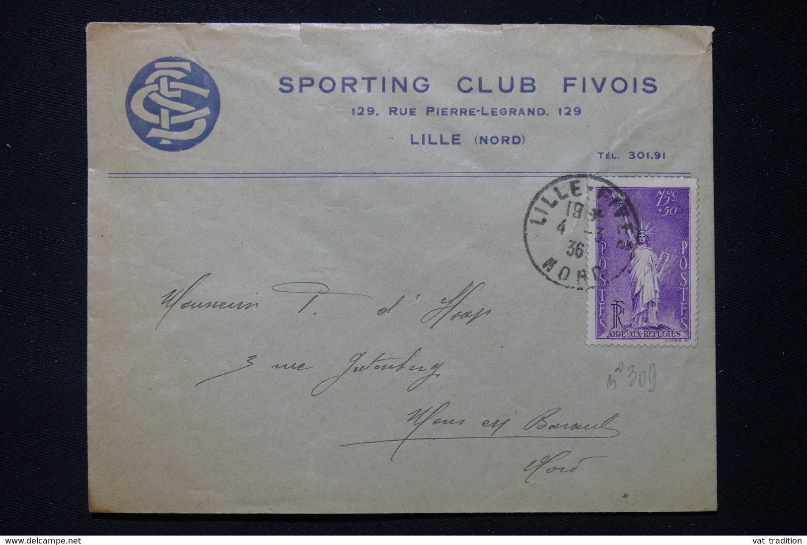 FRANCE - Type Statue De La Liberté Sur Enveloppe Du Sporting Club De Lille En 1936 - L 90770 - 1921-1960: Modern Period