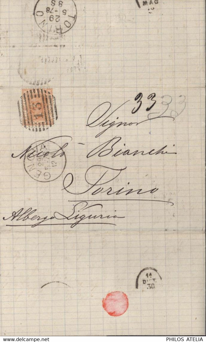 Italie YT 24 V Emmanuel II Oblit Cercle Barres GC13 CAD Genova 29 5 78 Arrivée Torino 29 5 78 Cachet 1 Dest 30 MAG 78 - Poststempel