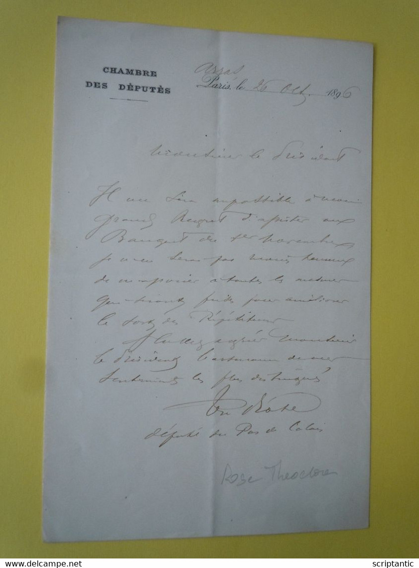 Lettre Autographe Théodore ROSE (1852-1917) Député Du PAS DE CALAIS - Other & Unclassified