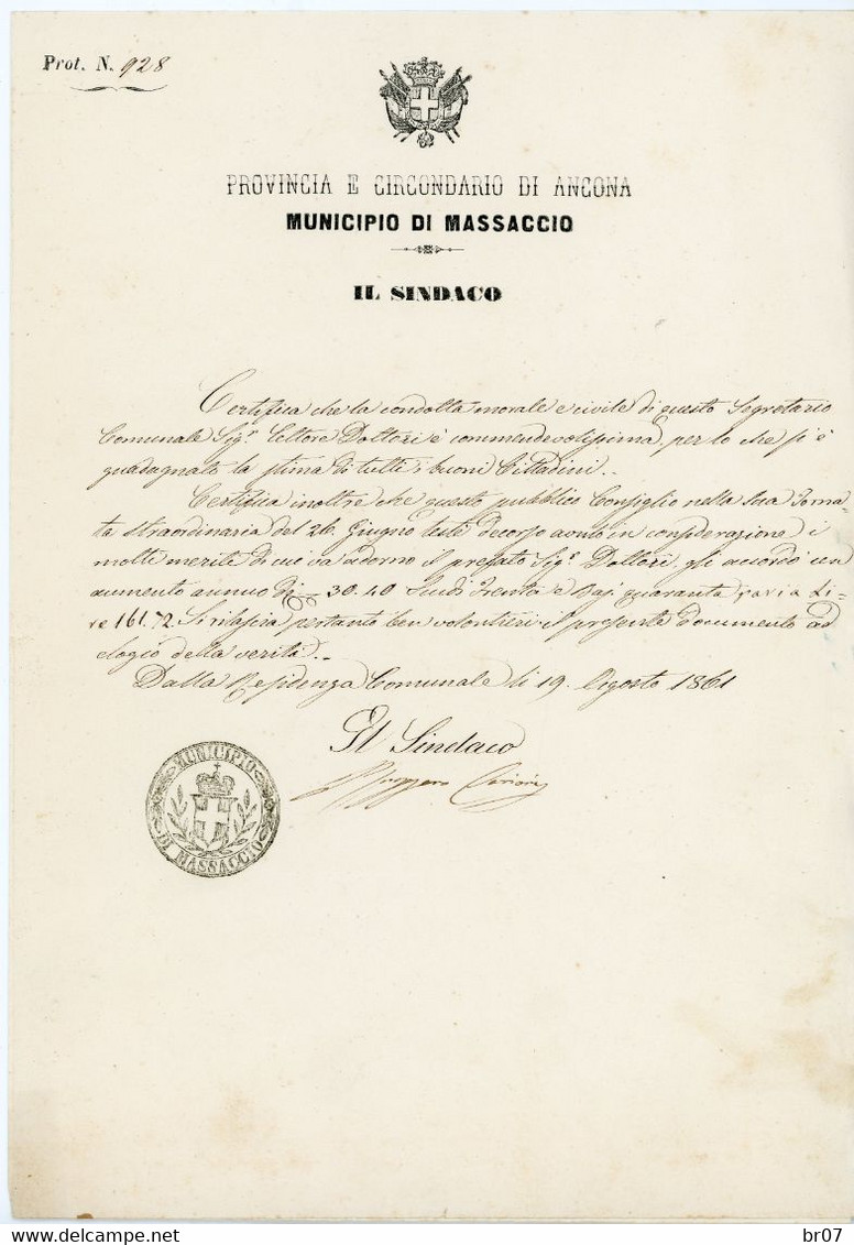 ITALIE 1861 MUNICIPIO DI MASSACCIO PROVINCIA ANCONA - Marcofilie