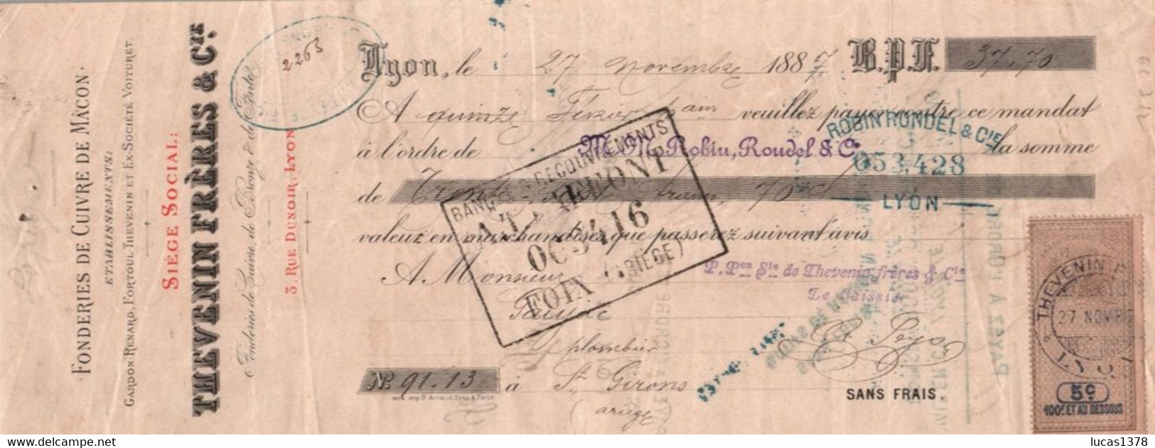 69 / CHEQUE 1887 /  TIMBRE FISCAL / LYON MACON  Sté Des FONDERIES De Cuivre THEVENIN Frères L. SEGUIN & Cie - Cheques & Traveler's Cheques