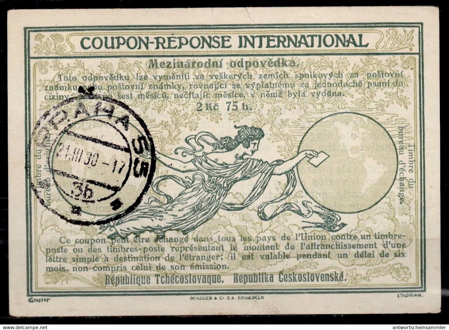 TCHÉCOSLOVAQUIE CZECHOSLOVAKIA  Ro8  2Kc 75h.  Early Int. Reply Coupon Reponse Antwortschein IAS IRC O PRAHA 21.03.30 - Covers & Documents