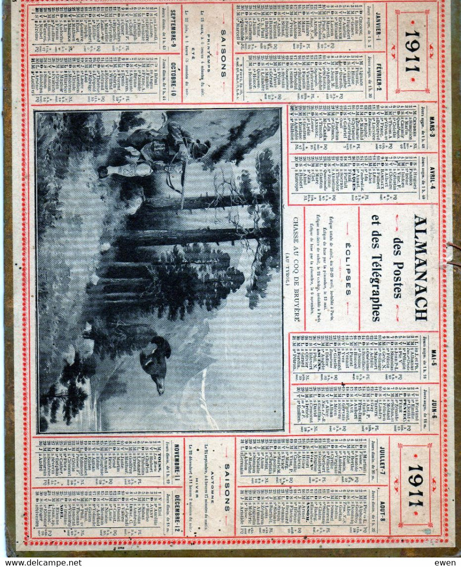 Très Beau Calendrier Almanach Des PTT 1911. (Chasse, Chasseur). Localités De La Seine (75) - Grossformat : 1901-20