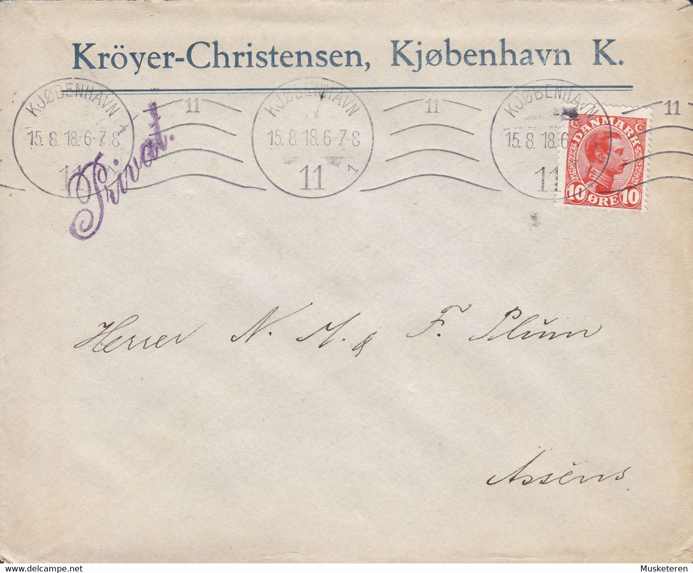 Denmark KRØYER CHRISTENSEN Vignette TMS Cds KØBENHAVN (11.) 1918 Cover Brief ASSENS (Arr.) ERROR Variety 'Spot Un. Chin' - Abarten Und Kuriositäten