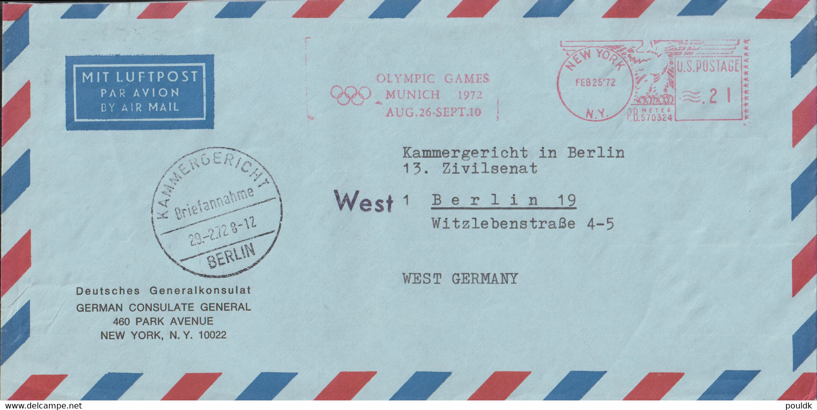 USA Airmail From Deutsches Generalkonsulat In New York W/Meter New York 1972 Olympic Games Munich 1972 (LF25) - Summer 1972: Munich