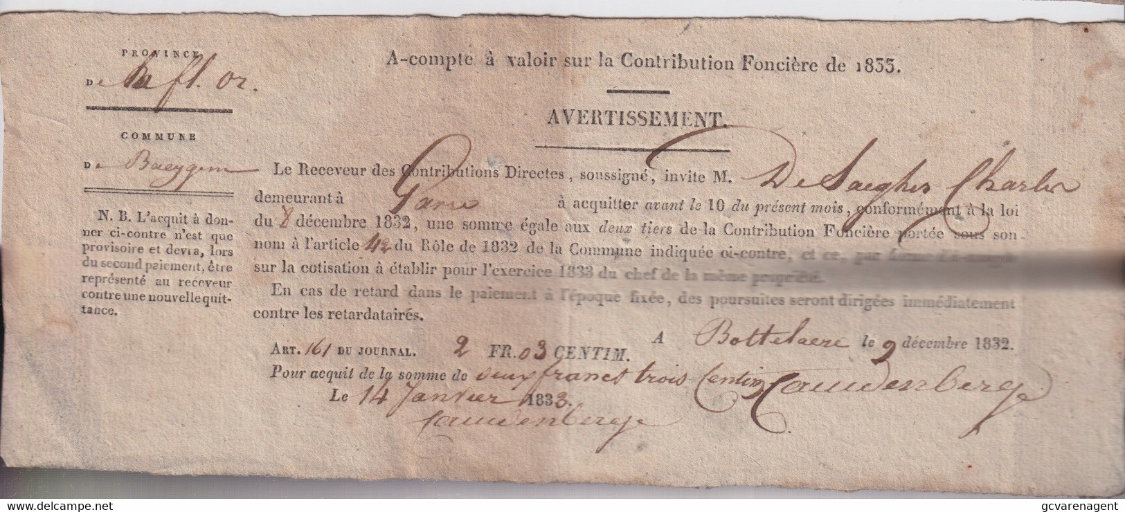 BAEYGEM 1835 - A COMPTE A VALOIR SUR LA CONSTRIBUTION FONCIERE 1835   BETALING 2 FR 03 C TE BOTTELARE - Merelbeke