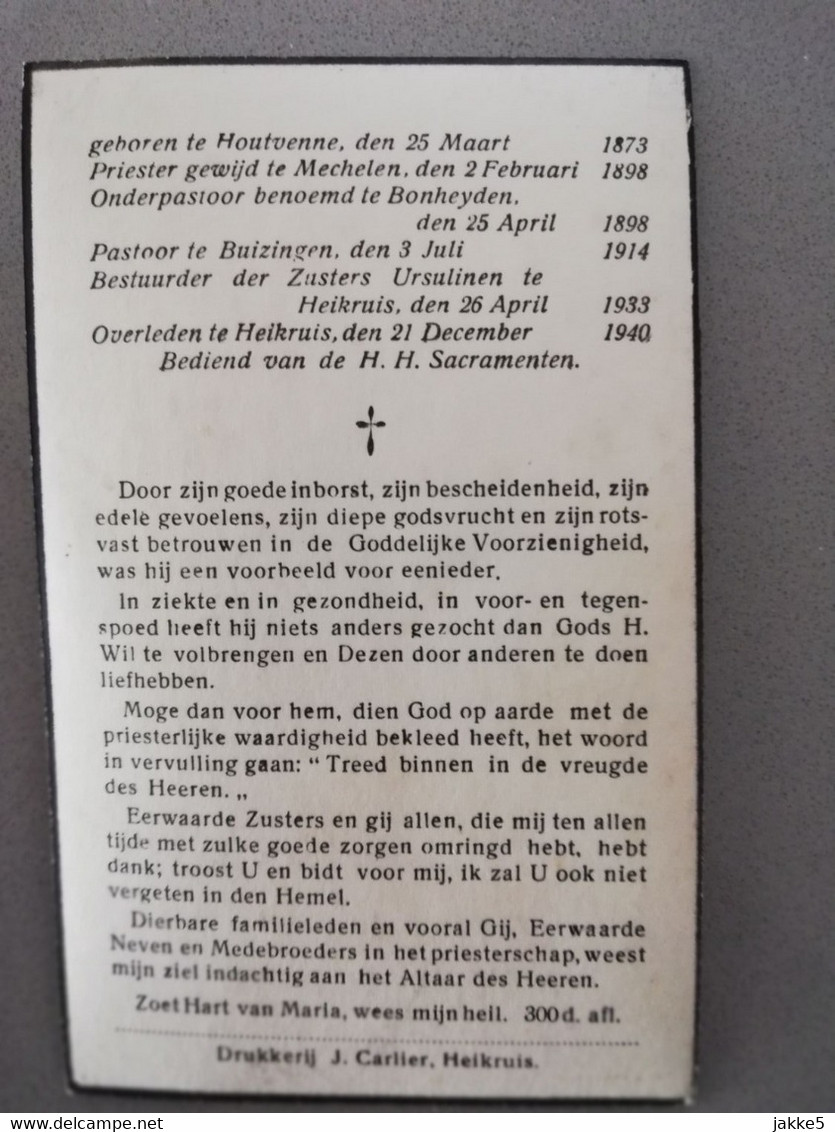 Bidprentje E.H.Deneve Alfons °Houtvenne 1873 Verl Heikruis 1940 Pastoor Mechelen Bonheiden Buizingen - Todesanzeige