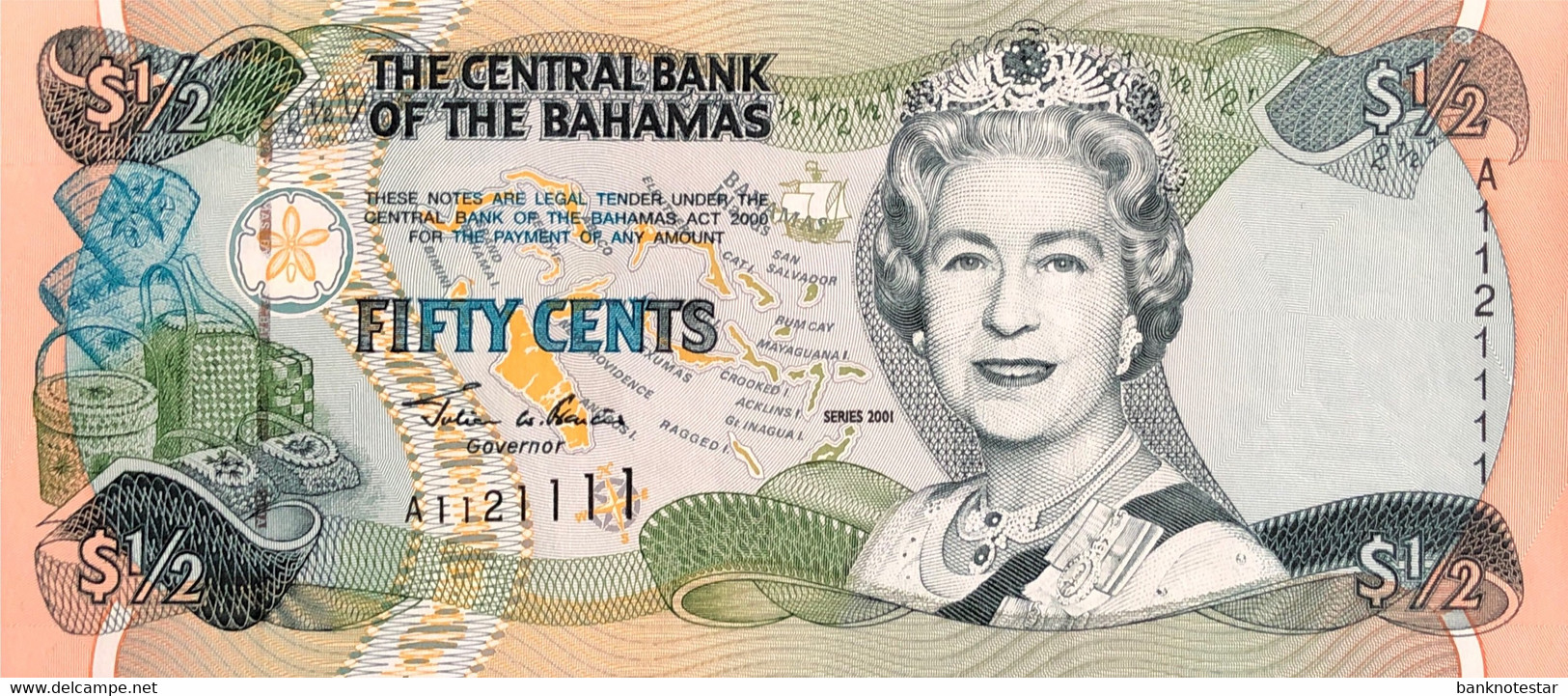Bahamas 1/2 Dollar, P-68 (2001) - AU - Serial Nr. A1121111 - Bahamas