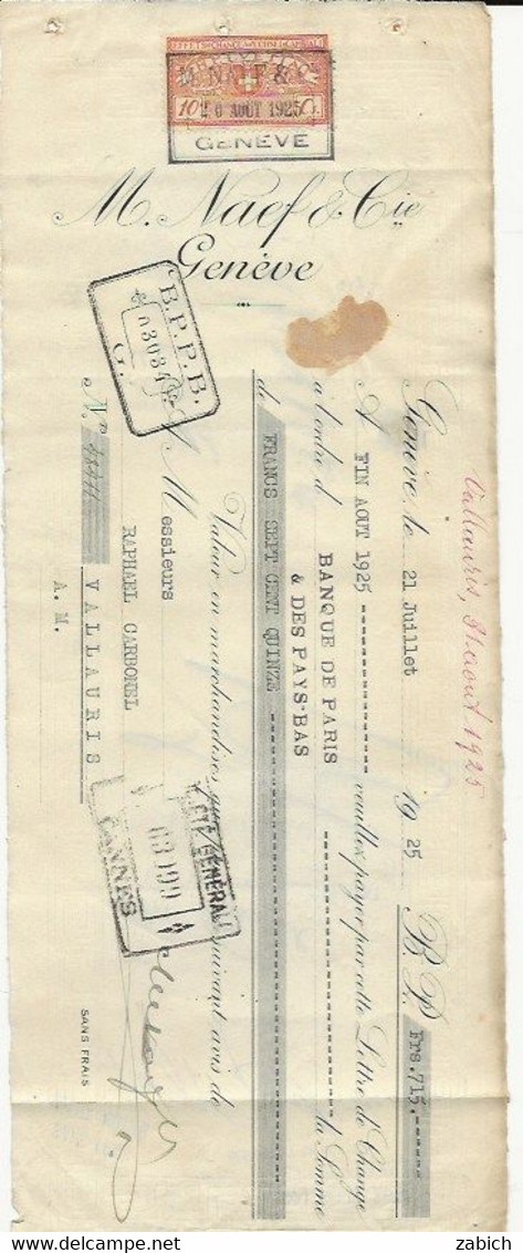 FISCAUX SUISSE EFFET DE COMMERCE NAEF GENEVE POUR LA FRANCE 10C Orange 1925 - Revenue Stamps