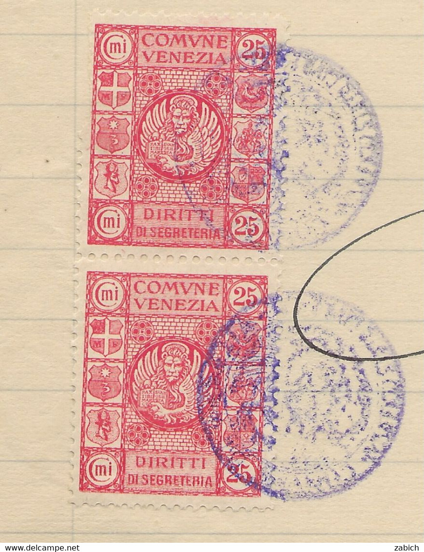 FISCAUX ITALIE TIMBRE COMMUNAL VENISE 25 CTSI ROUGE  2 EX 1932 - Unclassified