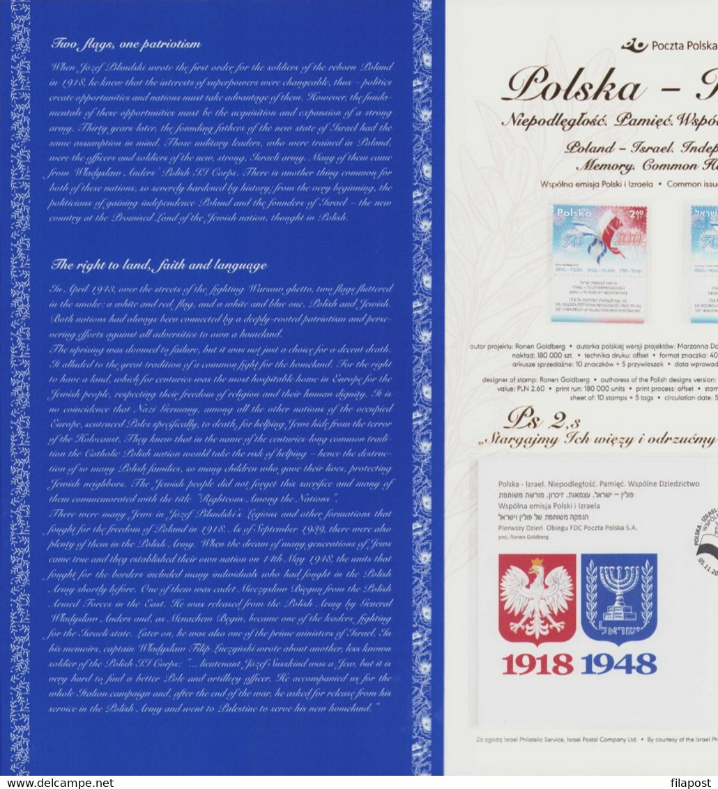 2018 Poland - Israel Joint Issue Booklet Mi 5034 Flag Independence / Memory Common Heritage, FDC + 2 Stamps MNH** FV - Libretti