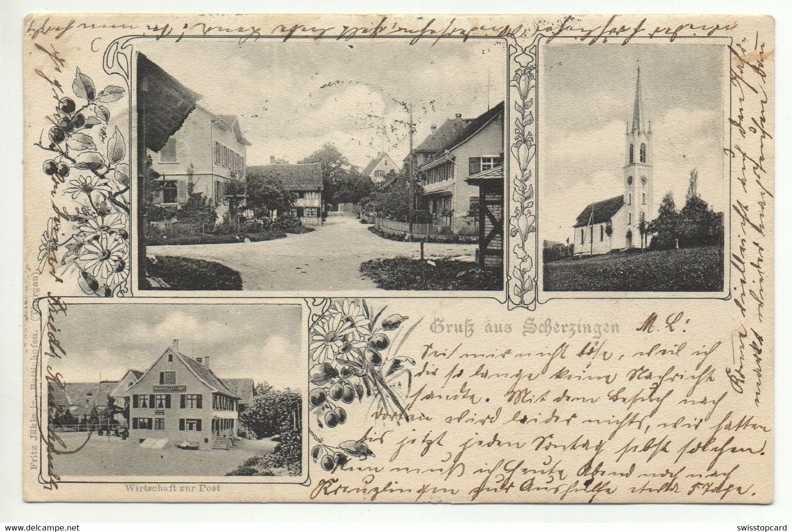 LITHO Gruss Aus SCHERZINGEN Wirtschaft Zur Post Gel. 1904 Ambulant Stabstempel MÜNSTERLINGEN - Münsterlingen