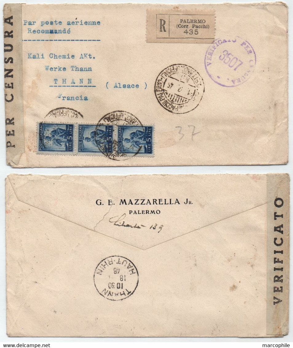 ITALIA - PALERMO - SICILIA / 1945 LETTRE RECOMMANDEE PAR AVION CENSUREE POUR LA FRANCE (ref 4805a) - Sonstige & Ohne Zuordnung
