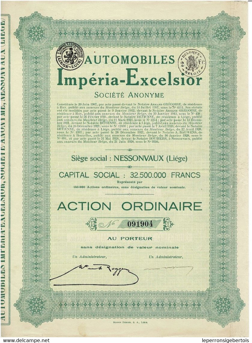 Titre Ancien - Automobiles Imperia-Excelsior - Titre De 1928 N° 091904 - Automobile