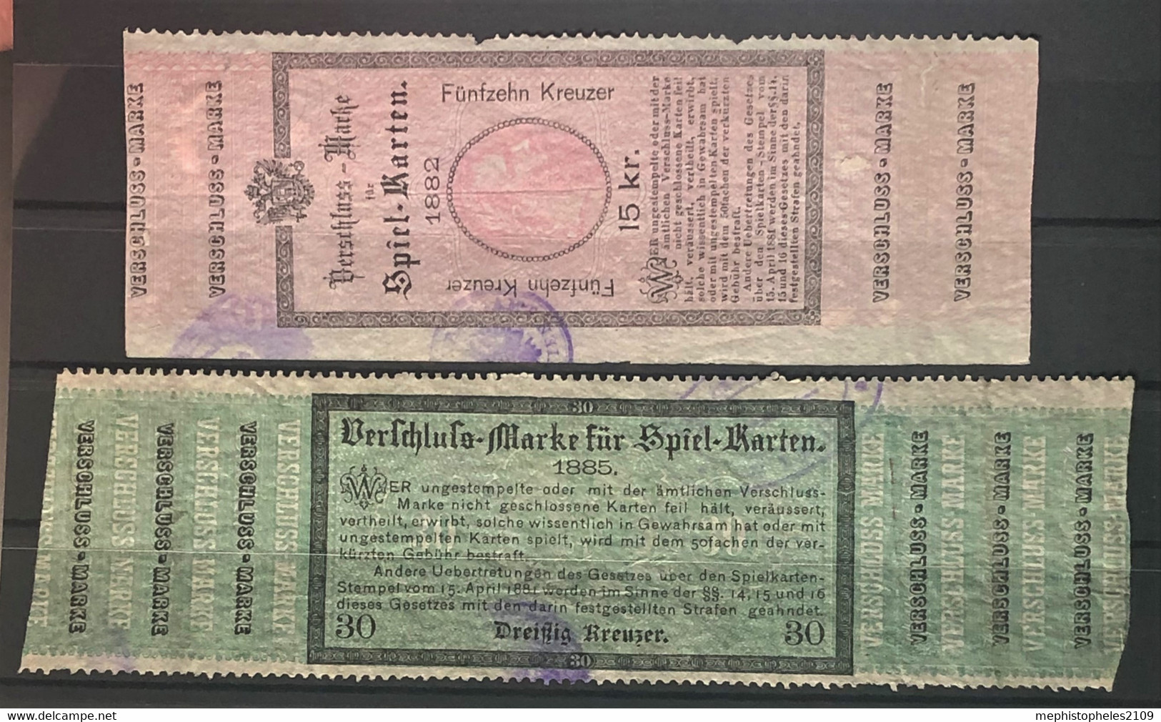 AUSTRIA 1882, 1885 - Canceled - Verschluss-Marken Für Spielkarten 15kr 30kr - Steuermarken