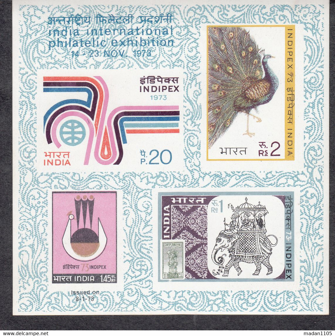 INDIA, 1973, Indipex 73, Philatelic Exhibition, NEW DELHI 4 Stamps, M/Sheet. MNH, (**). - Ongebruikt