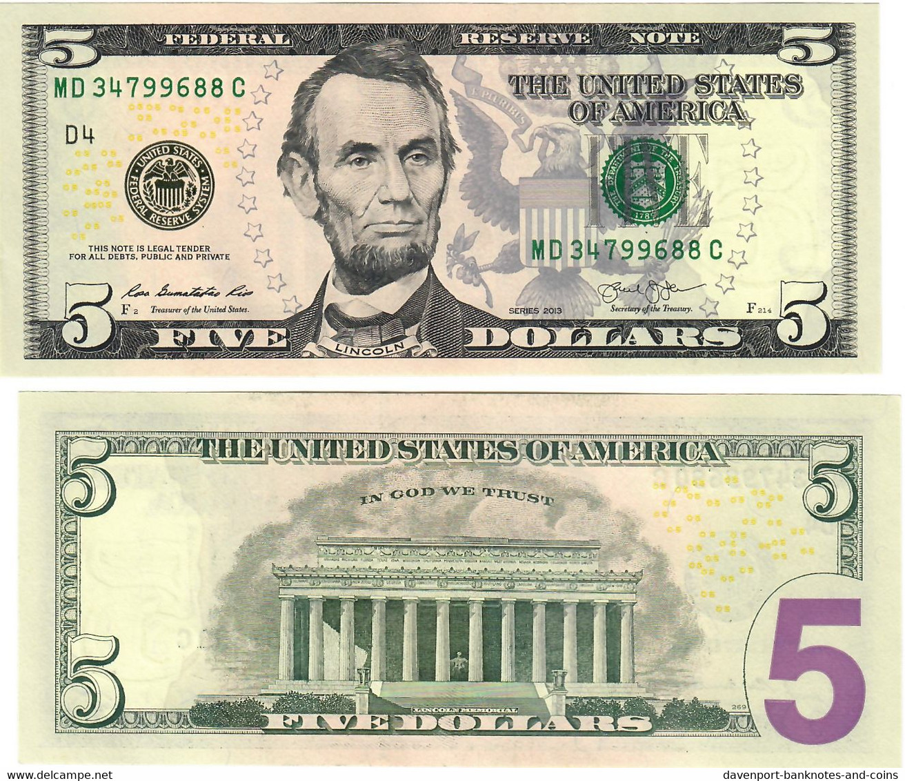 United States 5 Dollars 2013 UNC - Biljetten Van De  Federal Reserve (1928-...)