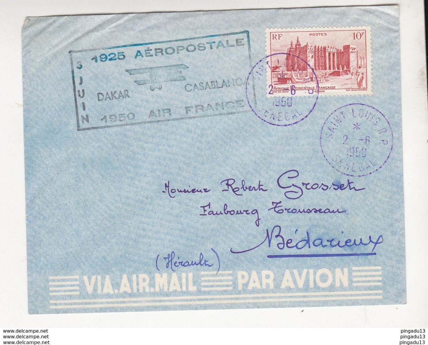 FIXE AEROPOSTALE DAKAR-CASABLANCA 3 JUIN 1950 AIR FRANCE - DAKAR SENEGAL - Lettres & Documents