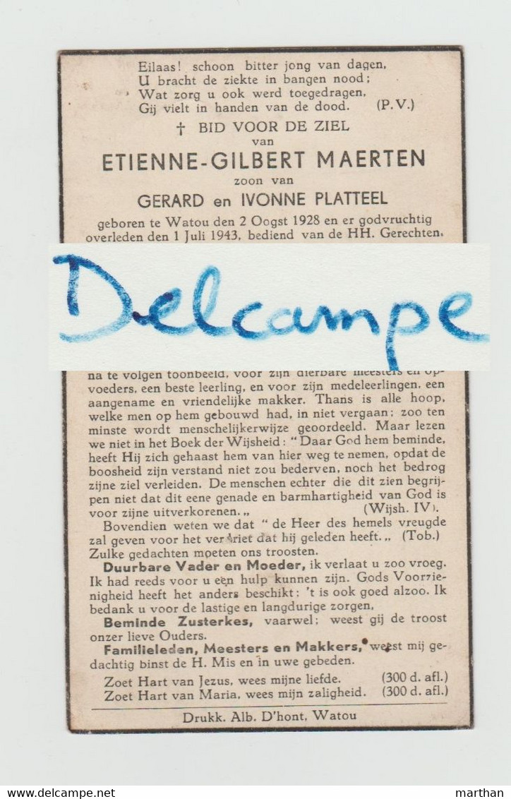 DOODSPRENTJE MAERTEN ETIENNE ZOON VAN GERARD EN PLATTEEL IVONNE WATOU 1928 - 1943 - Imágenes Religiosas