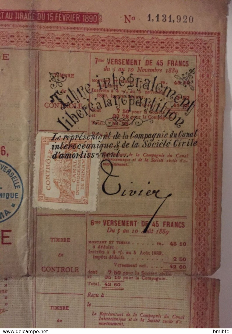 1889 - Compagnie Universelle Du Canal Interocéanique De PANAMA  N° 1,131,920 - Schiffahrt